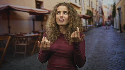 Woman with hand covering mouth and open palm gesture, wearing maroon long sleeve sweater, standing...
