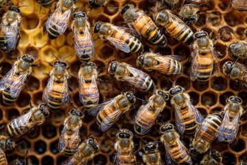 Swarm of bees working diligently on a honeycomb structure in a beehive during a sunny day
