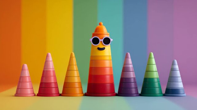 Happy Cone Character Wearing Sunglasses on Stacking Toys against Rainbow, Cheerful cone character wearing sunglasses atop stacking toys
