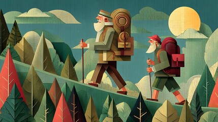Two Bearded Men with Backpacks Trekking Uphill in a Stylized Mountain Forest hiking backpacking photo
