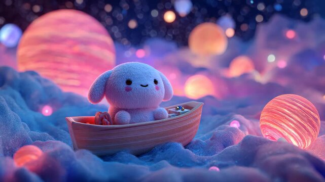 Happy Plush Bunny in Hot Dog Boat Among Glowing Planets, A cheerful plush bunny sits in a hot dog boat