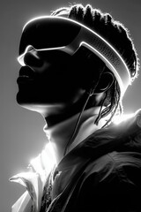 Hombre con gafas de realidad virtual retroiluminadas en blanco y negro, Retrato futurista en blanco y negro con gafas VR iluminadas, Mockup para publicidad de Metaverso