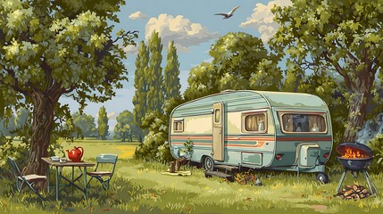 Vintage Caravan Parked in a Lush Green Meadow with Trees and Barbecue trailer camping photo