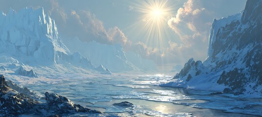 Serene winter landscape with snow covered mountains and icy river flowing under sunny sky with clouds