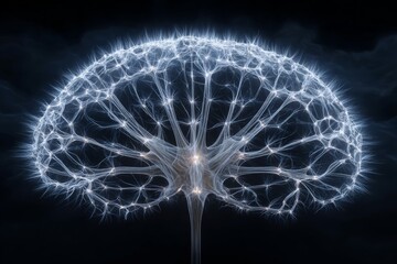 Illuminated neural network structure representing brain activity in a dark background