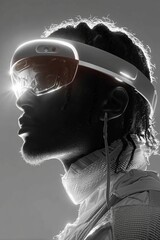 Hombre con gafas de realidad aumentada a contraluz, Perfil de persona con gafas futuristas de realidad virtual, Brand de tecnolog&iacute;a inmersiva, Mockup de gafas VR para publicidad