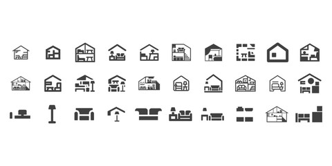 Various house and building icons in black on white background