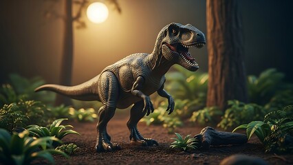 Tyrannosaurus Rex Dinosaur Toy in Moonlit Prehistoric Forest Setting