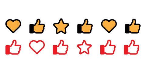 Social media icons likes and loves in gold and red