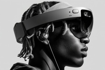 Hombre con gafas de realidad aumentada y auriculares, primer plano, Mockup para publicidad de gafas VR de &uacute;ltima generaci&oacute;n, Imagen editorial sobre el futuro de la realidad virtual