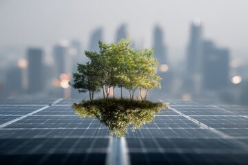 Solar panels support urban green space with trees growing amidst a city skyline in the background