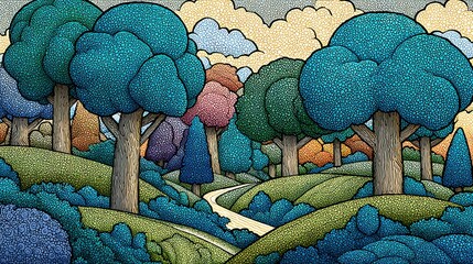 Whimsical forest landscape with winding path and textured trees in vibrant colors image photo