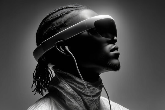 Retrato en blanco y negro de hombre afro con tecnolog&iacute;a vestible, Mockup para publicidad de tecnolog&iacute;a VR inmersiva, Hombre con gafas de realidad virtual y auriculares, perfil