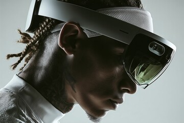 Hombre con gafas de realidad virtual, Perfil de un hombre usando visor VR, Mockup para publicidad de tecnolog&iacute;a inmersiva, Imagen para art&iacute;culo sobre el metaverso