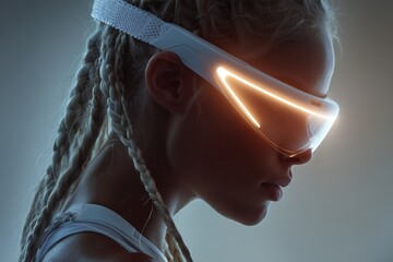 Retrato de mujer con gafas de realidad virtual luminosas, Mockup para campa&ntilde;a de gafas VR, Imagen futurista para marca de tecnolog&iacute;a, Est&eacute;tica ciberpunk minimalista