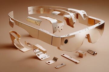 Despiece de gafas de realidad aumentada en color crema, Gafas de realidad virtual desmontadas con est&eacute;tica minimalista, Imagen para mockup de tecnolog&iacute;a wearable, Branding de accesorios tecnologicos