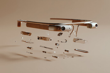 Despiece de gafas de realidad aumentada flotando, Gafas de realidad aumentada desarmadas sobre fondo liso, Mockup de tecnolog&iacute;a futurista para publicidad