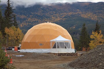 Dome structure under construction in a forested area surrounded by autumn foliage in the mountains
