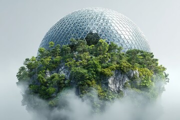 Creative dome structure surrounded by lush greenery and misty clouds in a futuristic landscape