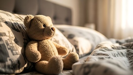 Cute Teddy Bear Sitting on Bed in Warm Morning Sunlight