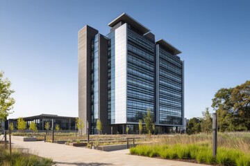 Modern office building stands tall amidst green landscape on a clear sunny day
