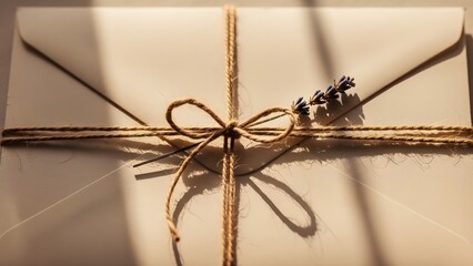 Vintage Style Envelope Tied with Jute Twine and a Dried Lavender Sprig on a Warm Surface