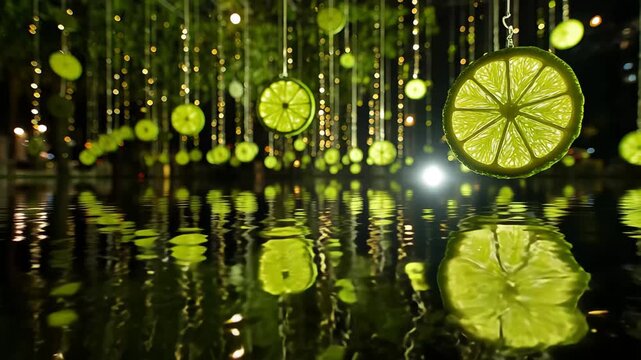 Illuminated Lime Slices Hanging Over Reflective Water at Night Event, Bright lime slices dangle over shimmering water