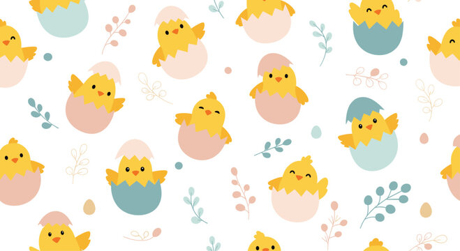 Cute festive pattern with many small yellow chicks hatching from pastel colored eggshells among spring flower branches.