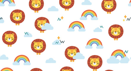Obraz premium Seamless pattern featuring cute lion faces, colorful rainbows, and fluffy clouds on a white background for nursery wallpaper and fabrics.