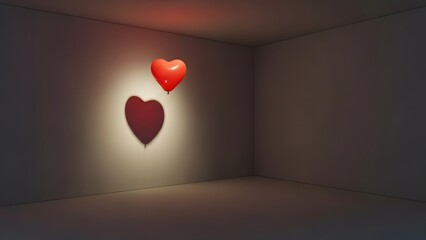 Red Heart Shaped Balloon Casting a Shadow in a Clean Minimalist Corner Room