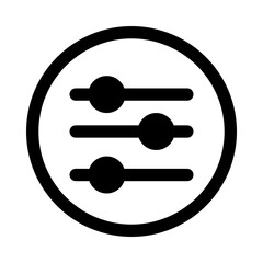 Minimalist Settings Adjustment Sliders Icon; Black Linear Vector Symbol for Control Panel, Equalizer, Preferences, Configuration, and Audio Levels in a Circle isolated on White Background