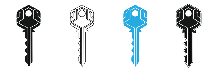 Set of modern key icons in black, white, and blue colors