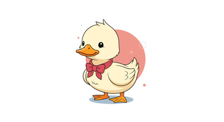 Adorable baby duck character wearing a red bow around its neck standing against a soft pink circle on a white background.