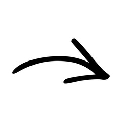 Black Hand-Drawn Curved Arrow Icon; Minimalist Sketch Vector Graphic for Navigation, Directional Pointer, Creative Design Accents, and Informal Workflow Indicators isolated on White Background