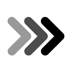 Abstract Triple Forward Arrowheads Icon in Grayscale Gradient; Minimalist Modern Directional Graphic Symbol for Fast Forward, Acceleration, and Progress isolated on White Background