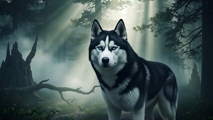 Majestic Siberian Husky Standing in Misty Pine Forest with Ethereal Sunbeams
