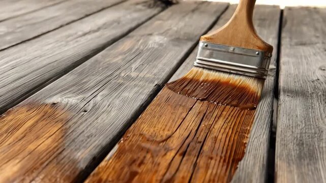 Medium shot capturing the application of rich wood stain on an aged deck enhancing its natural grain and color
