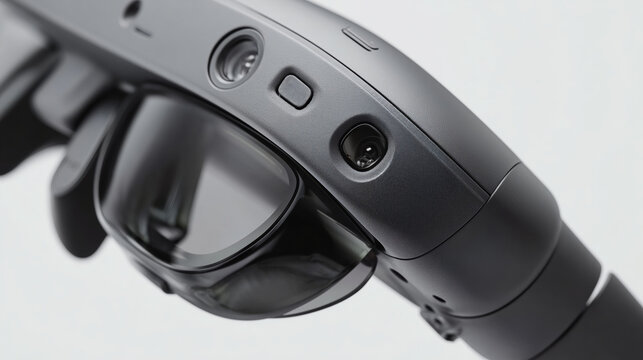 Gafas de realidad aumentada negras en primer plano, Detalle de las lentes y controles de unas gafas de realidad mixta, Mockup para lanzamiento de producto tecnol&oacute;gico