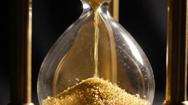 Cinematic hourglass with golden sand flowing on black background, time management and business deadline concept 4k video