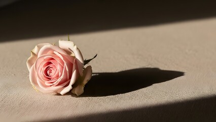 Single pale pink rose lying on textured surface with dramatic long shadow