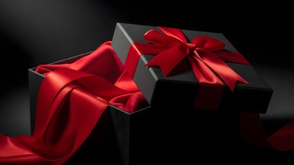 Luxury black gift box with elegant red satin ribbon and silk lining