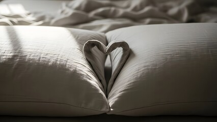 Two white pillows on a bed forming a heart shape in the center