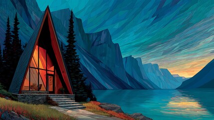A-frame cabin nestled beside a tranquil lake with majestic mountains and a vibrant sky mountain lake photo