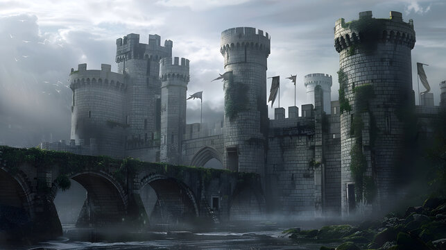 Majestic medieval castle with stone towers and drawbridge overlook