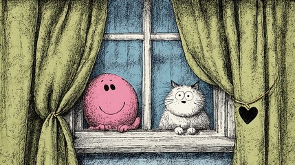 Cartoon Pink Blob and Fluffy Cat Looking Out a Window character photo