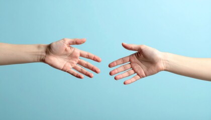 Two fair hands reaching toward each other against a solid light blue background