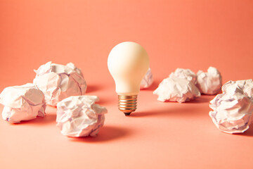 crumpled paper balls on pink background, idea, inspiration, creativity