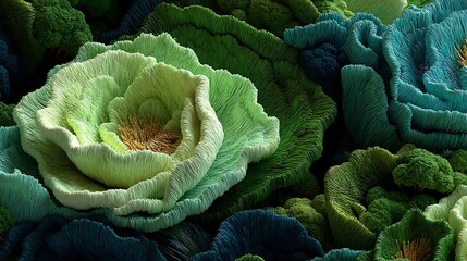 Close-up of textured green and blue floral abstract art with intricate petal details photo background