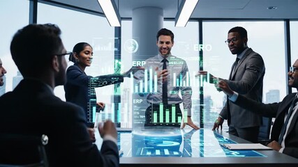 Diverse Team Meeting with Interactive Data Display - A diverse group of business professionals are gathered around a table displaying interactive data visualizations, suggesting a dynamic - Powered by Adobe