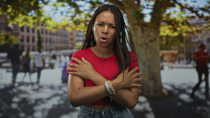 Fototapeta premium Woman crossing arms over chest on a sunny street with buildings and plane trees; frustration rejection.